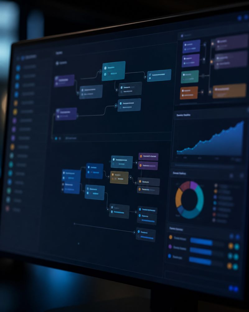 A systems workflow diagram of connected services on a dark interface.
