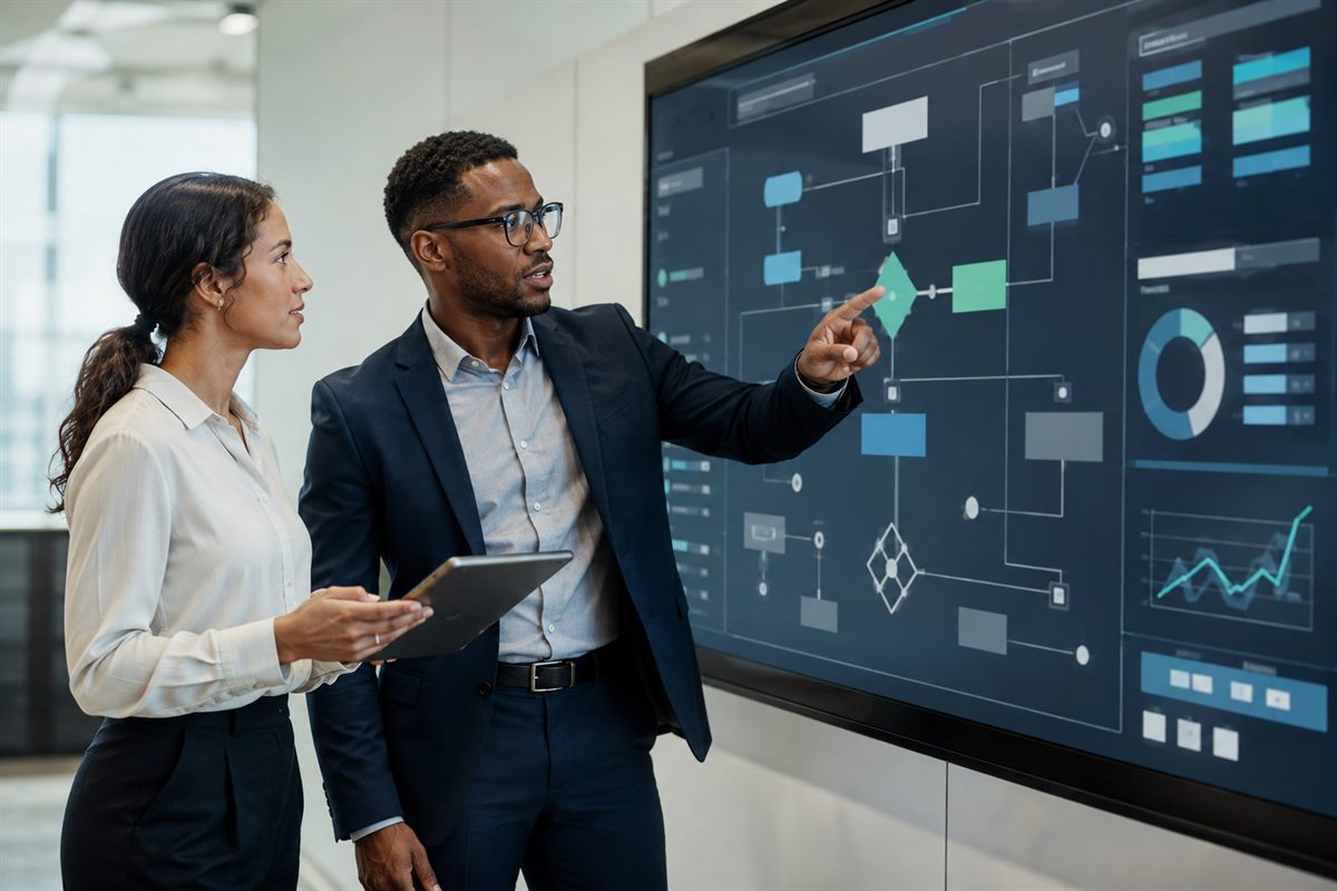 Two colleagues reviewing a learning platform dashboard together.