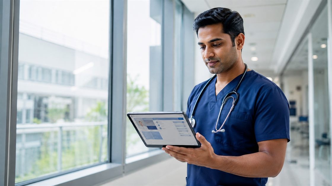 A clinician reviews patient information on a tablet in a bright hospital reception area, with a colleague at the desk behind.